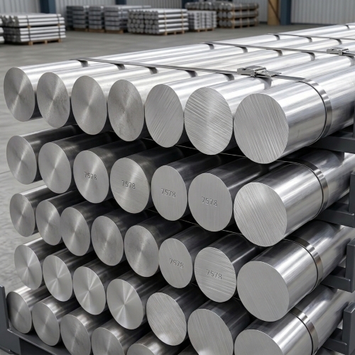 Bulk stock of structural 6061-T6 aluminium billets featuring mill-finish ends and secure industrial banding.