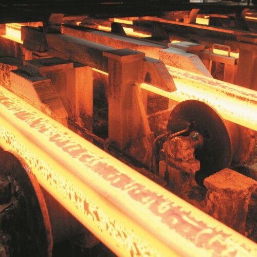 Steel billets being produced in a furnace during manufacturing